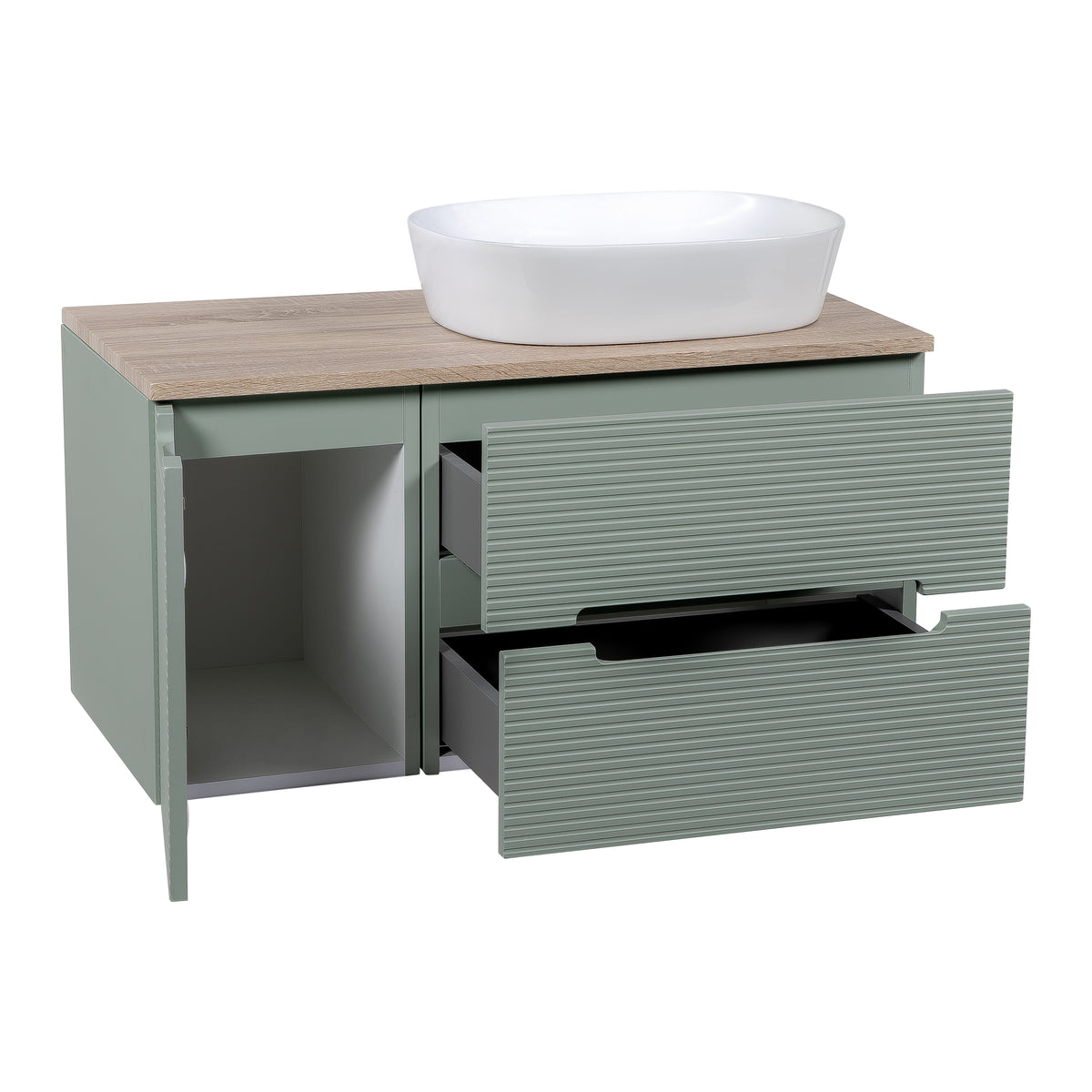 Monza Plus 900mm Fluted Wall Hung Vanity with Side Cabinet & Countertop - Aloe Green/Country Oak