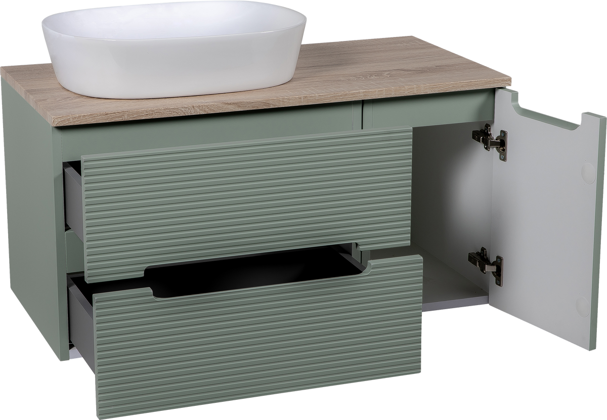 Monza Plus 900mm Fluted Wall Hung Vanity with Side Cabinet & Countertop - Aloe Green/Country Oak