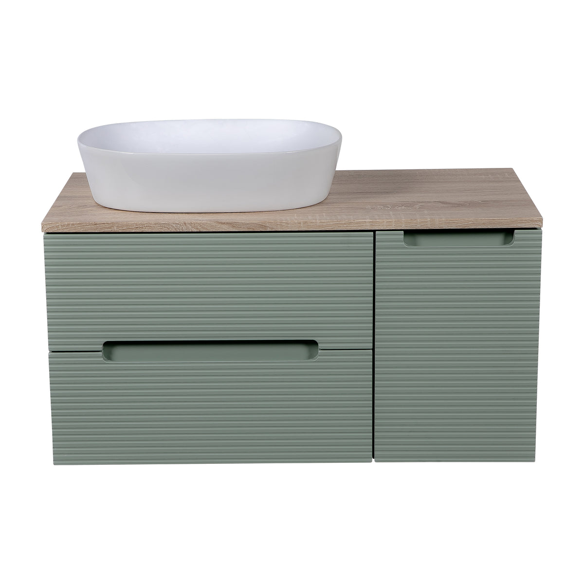 Monza Plus 900mm Fluted Wall Hung Vanity with Side Cabinet & Countertop - Aloe Green/Country Oak
