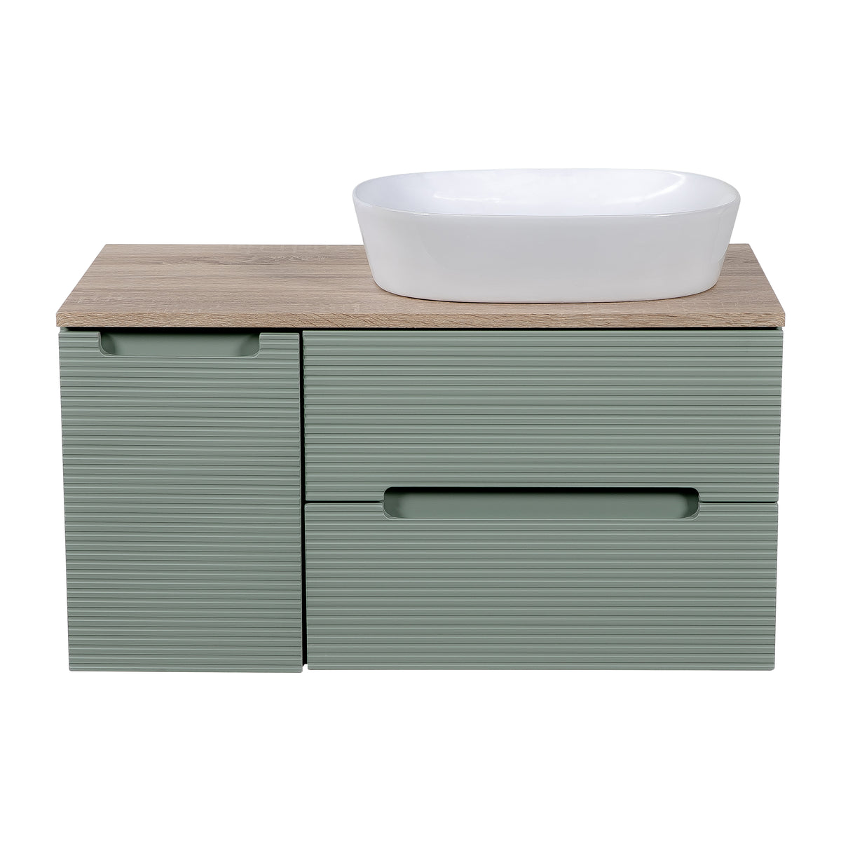 Monza Plus 900mm Fluted Wall Hung Vanity with Side Cabinet & Countertop - Aloe Green/Country Oak