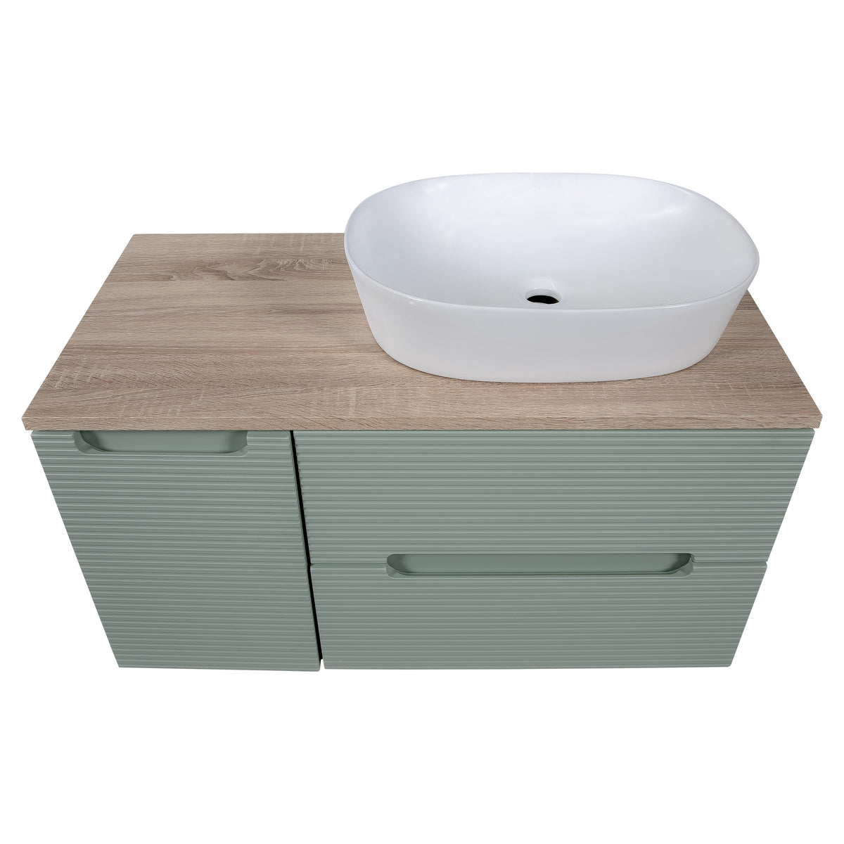 Monza Plus 900mm Fluted Wall Hung Vanity with Side Cabinet & Countertop - Aloe Green/Country Oak