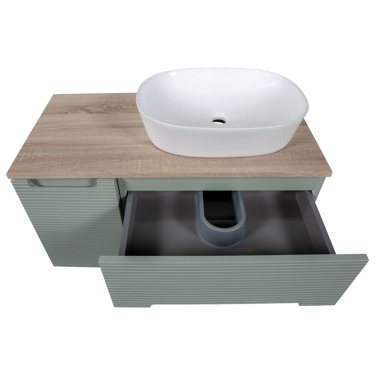 Monza Plus 900mm Fluted Wall Hung Vanity with Side Cabinet & Countertop - Aloe Green/Country Oak