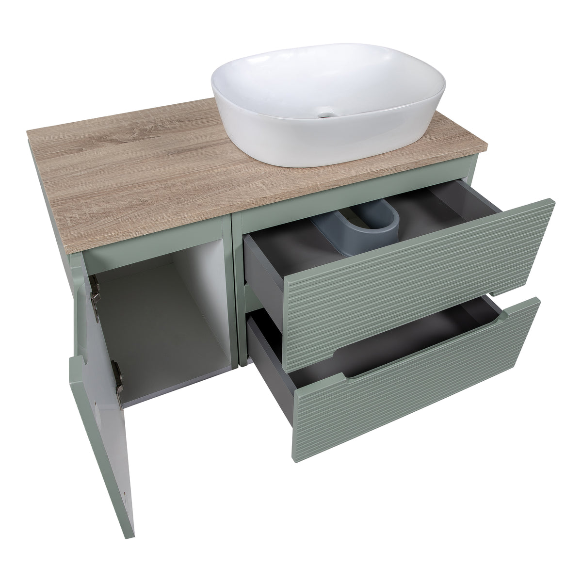 Monza Plus 900mm Fluted Wall Hung Vanity with Side Cabinet & Countertop - Aloe Green/Country Oak