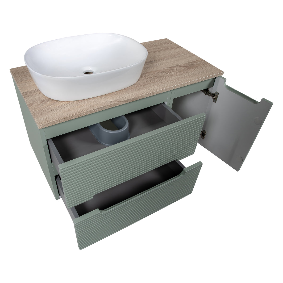 Monza Plus 900mm Fluted Wall Hung Vanity with Side Cabinet & Countertop - Aloe Green/Country Oak
