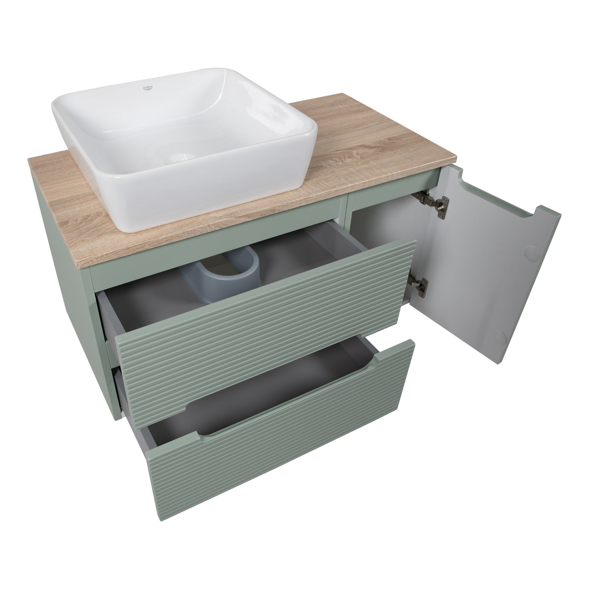 Monza Plus 900mm Fluted Wall Hung Vanity with Side Cabinet & Countertop - Aloe Green/Country Oak