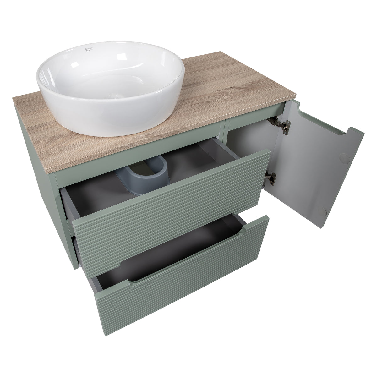 Monza Plus 900mm Fluted Wall Hung Vanity with Side Cabinet & Countertop - Aloe Green/Country Oak