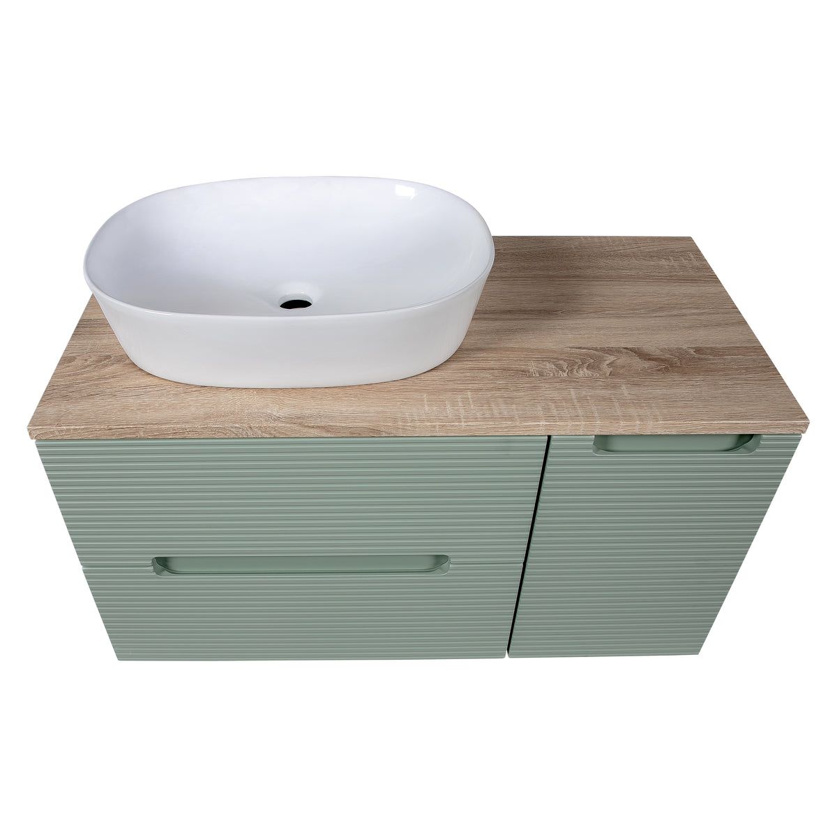 Monza Plus 900mm Fluted Wall Hung Vanity with Side Cabinet & Countertop - Aloe Green/Country Oak