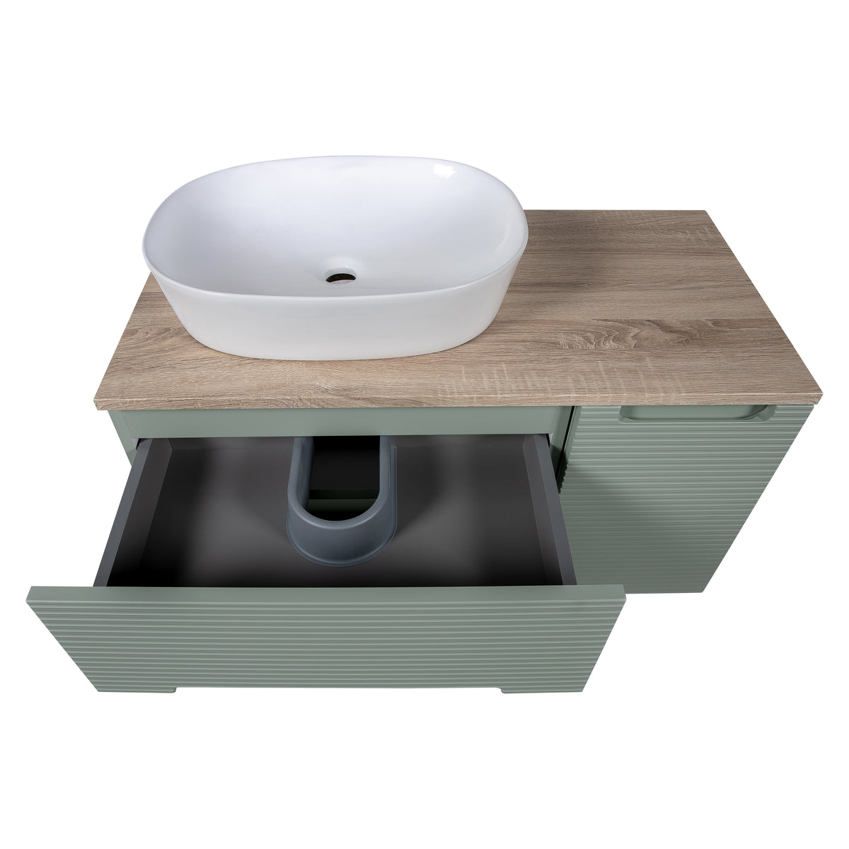 Monza Plus 900mm Fluted Wall Hung Vanity with Side Cabinet & Countertop - Aloe Green/Country Oak