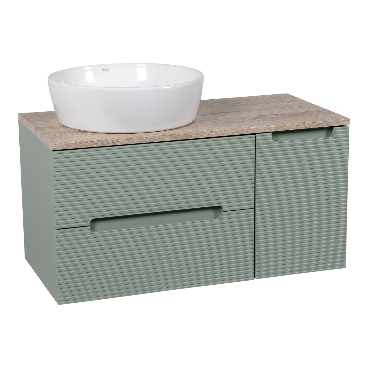 Monza Plus 900mm Fluted Wall Hung Vanity with Side Cabinet & Countertop - Aloe Green/Country Oak