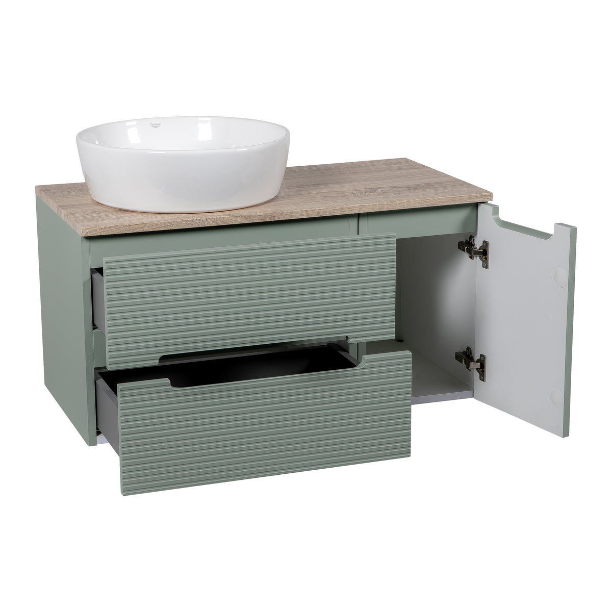 Monza Plus 900mm Fluted Wall Hung Vanity with Side Cabinet & Countertop - Aloe Green/Country Oak