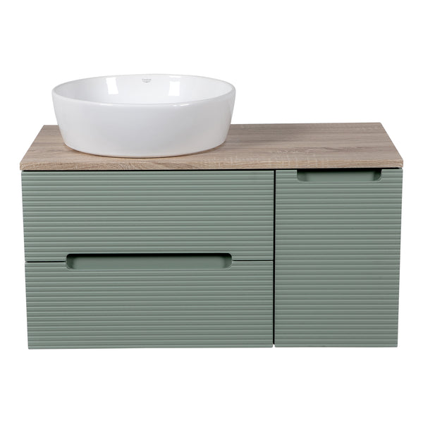 Monza Plus 900mm Fluted Wall Hung Vanity w. Side Cabinet & Counter Top - Aloe Green/Country Oak