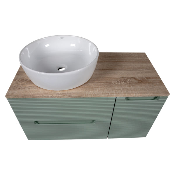 Monza Plus 900mm Fluted Wall Hung Vanity w. Side Cabinet & Counter Top - Aloe Green/Country Oak