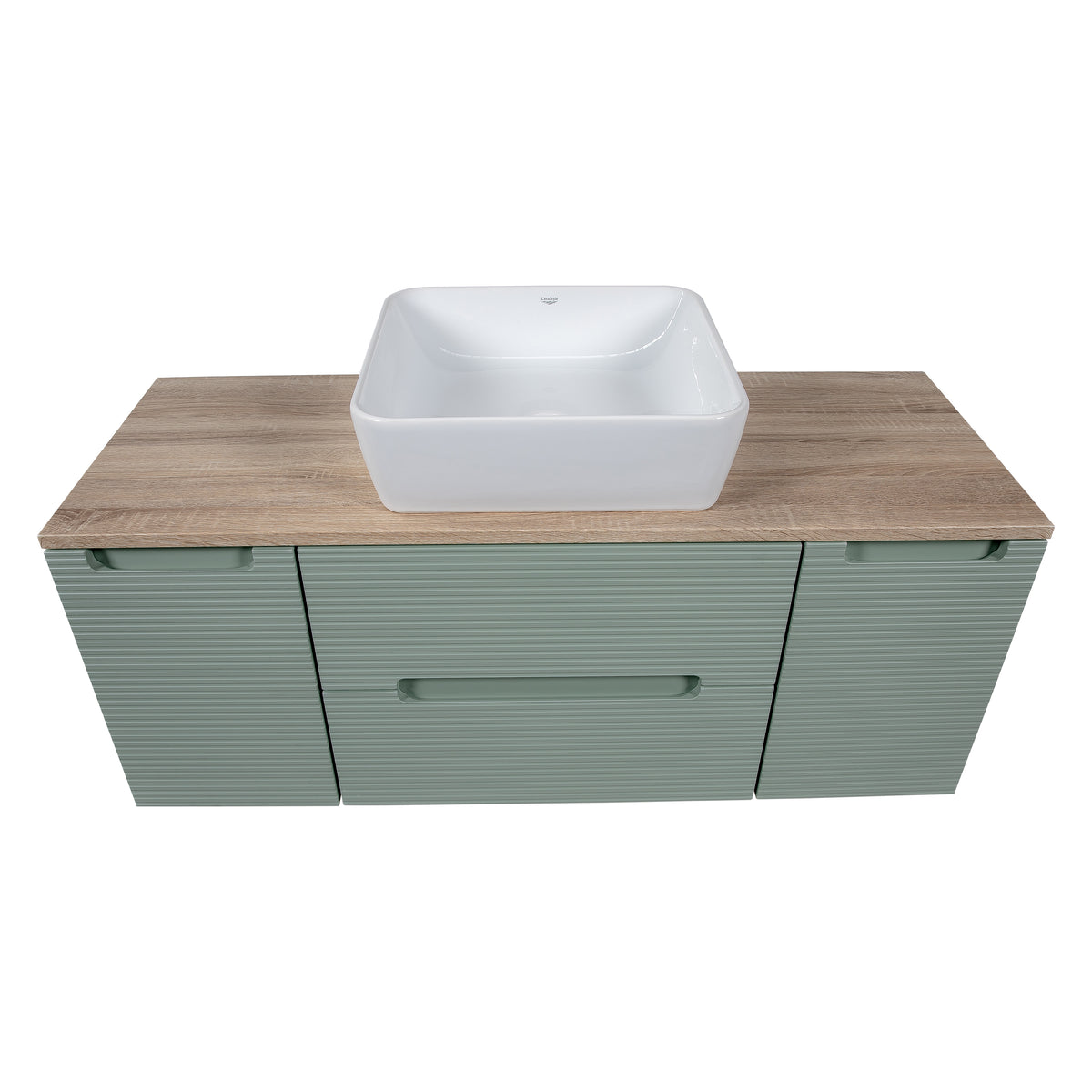 Monza Plus 1200mm Fluted Wall Hung Vanity with 2 Side Cabinets & Countertop - Aloe Green/Country Oak