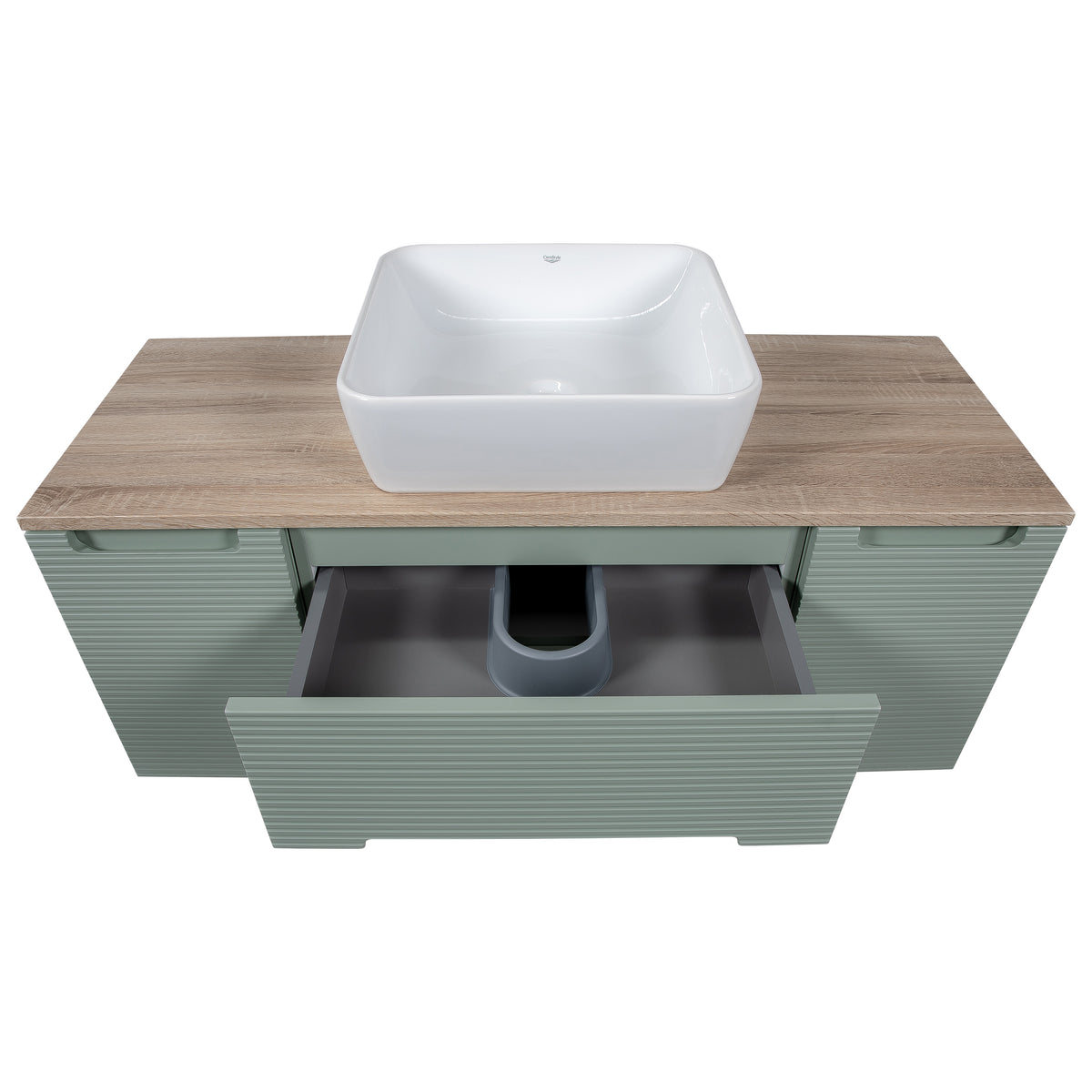 Monza Plus 1200mm Fluted Wall Hung Vanity with 2 Side Cabinets & Countertop - Aloe Green/Country Oak