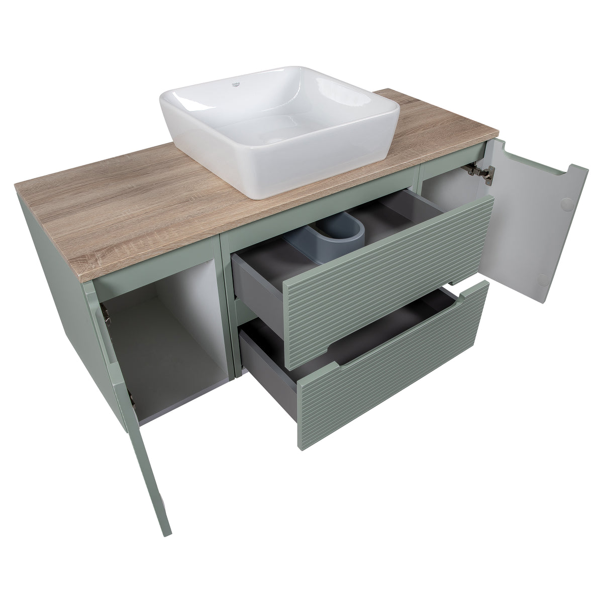 Monza Plus 1200mm Fluted Wall Hung Vanity with 2 Side Cabinets & Countertop - Aloe Green/Country Oak