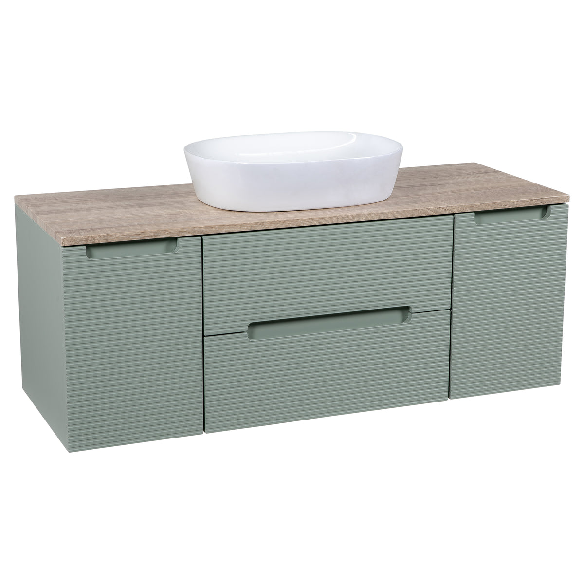 Monza Plus 1200mm Fluted Wall Hung Vanity with 2 Side Cabinets & Countertop - Aloe Green/Country Oak