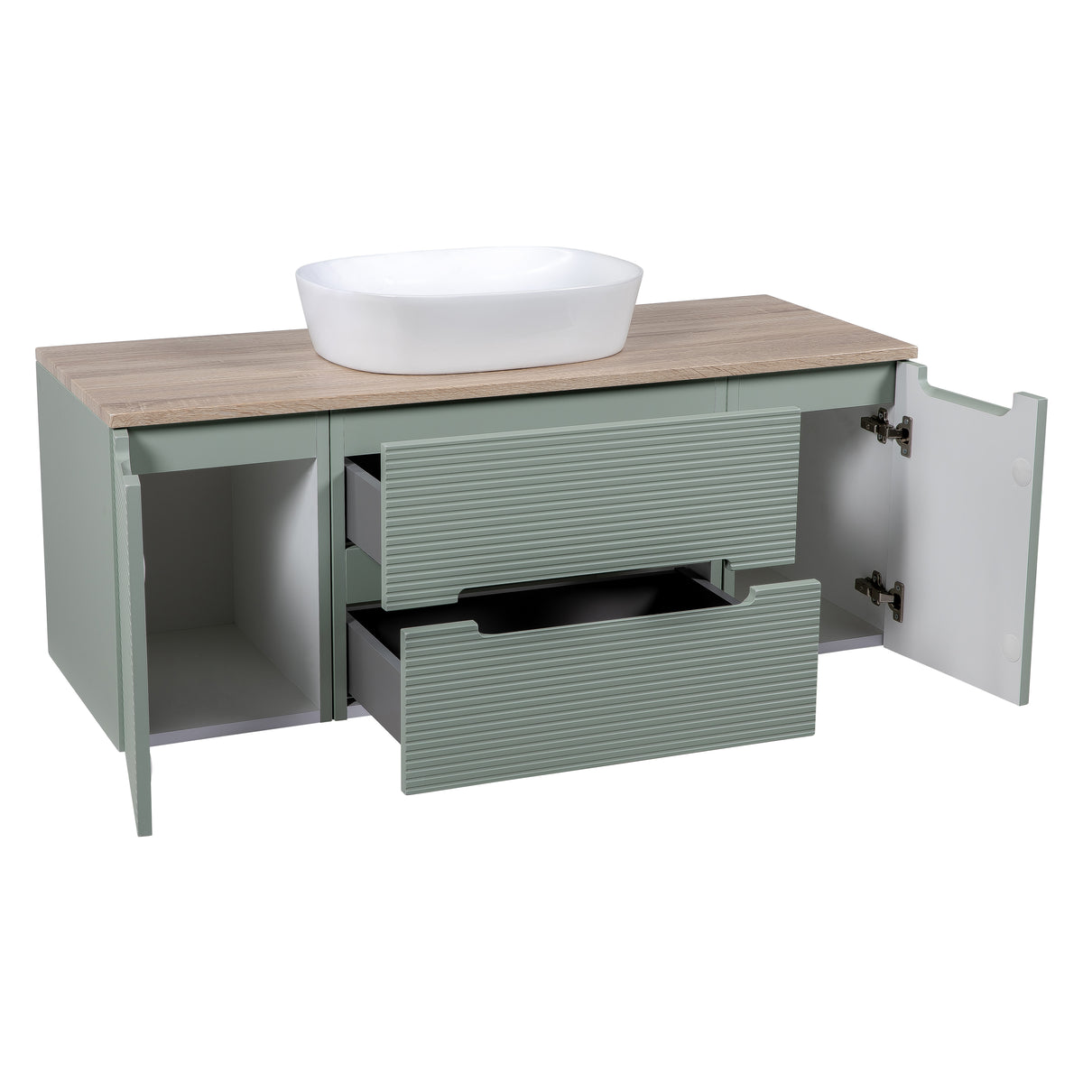 Monza Plus 1200mm Fluted Wall Hung Vanity with 2 Side Cabinets & Countertop - Aloe Green/Country Oak