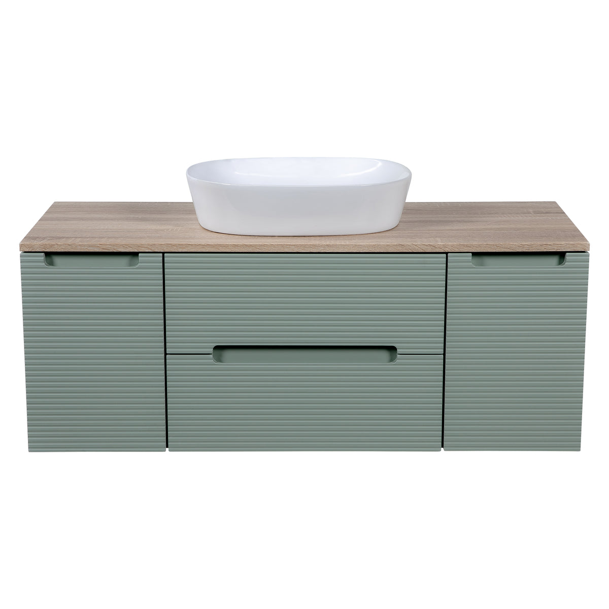 Monza Plus 1200mm Fluted Wall Hung Vanity with 2 Side Cabinets & Countertop - Aloe Green/Country Oak