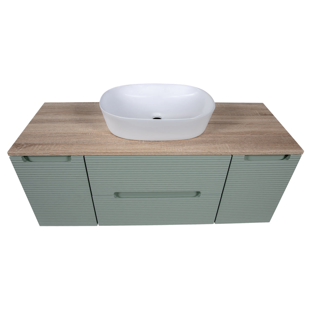 Monza Plus 1200mm Fluted Wall Hung Vanity with 2 Side Cabinets & Countertop - Aloe Green/Country Oak