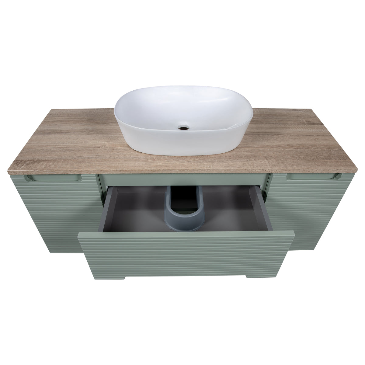 Monza Plus 1200mm Fluted Wall Hung Vanity with 2 Side Cabinets & Countertop - Aloe Green/Country Oak
