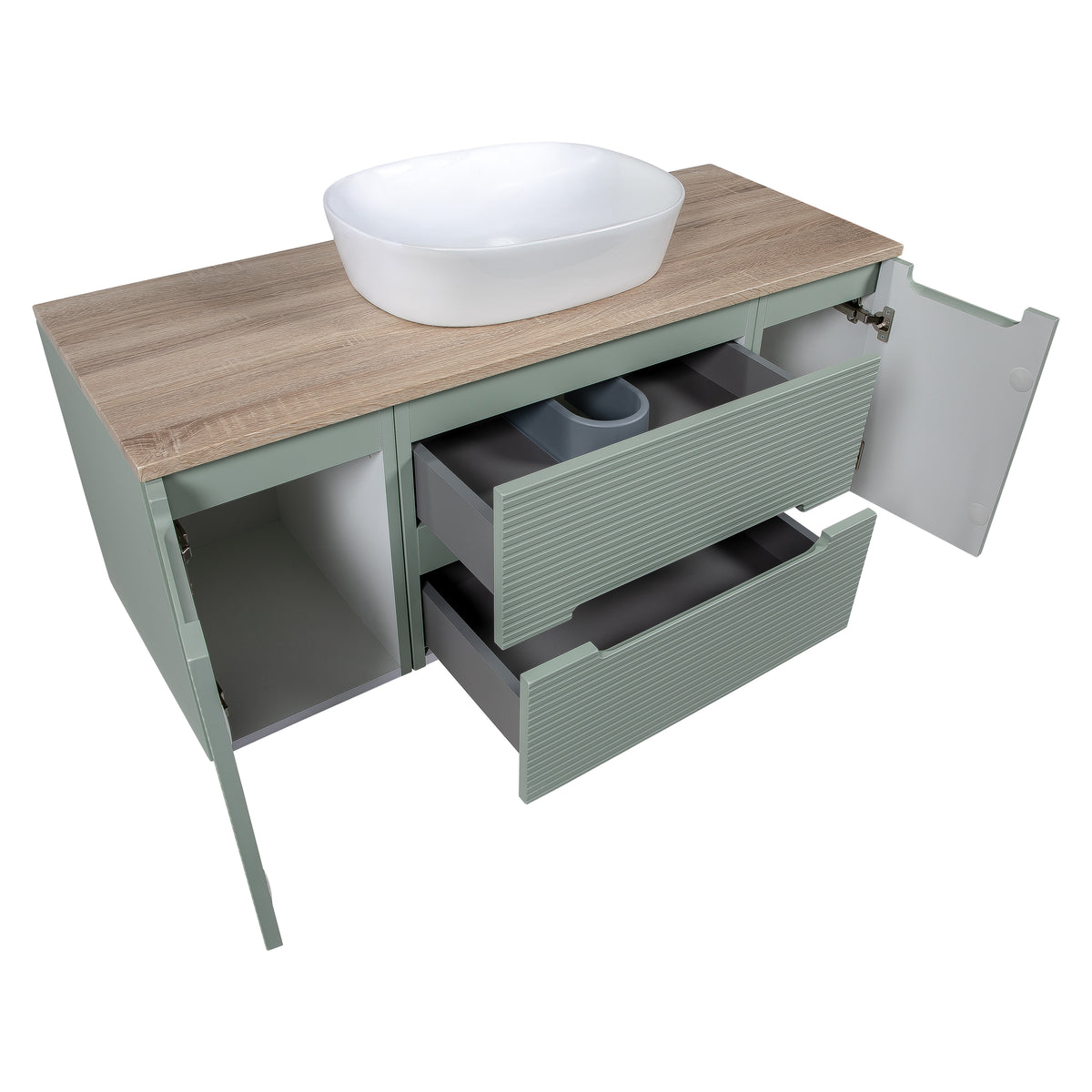 Monza Plus 1200mm Fluted Wall Hung Vanity with 2 Side Cabinets & Countertop - Aloe Green/Country Oak