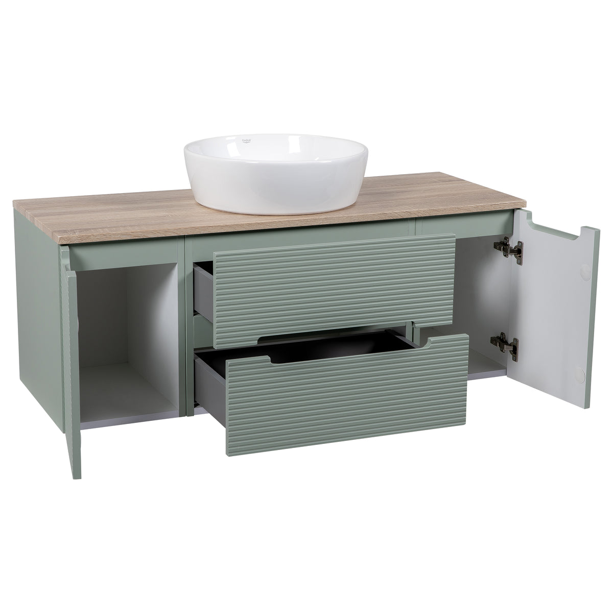 Monza Plus 1200mm Fluted Wall Hung Vanity with 2 Side Cabinets & Countertop - Aloe Green/Country Oak