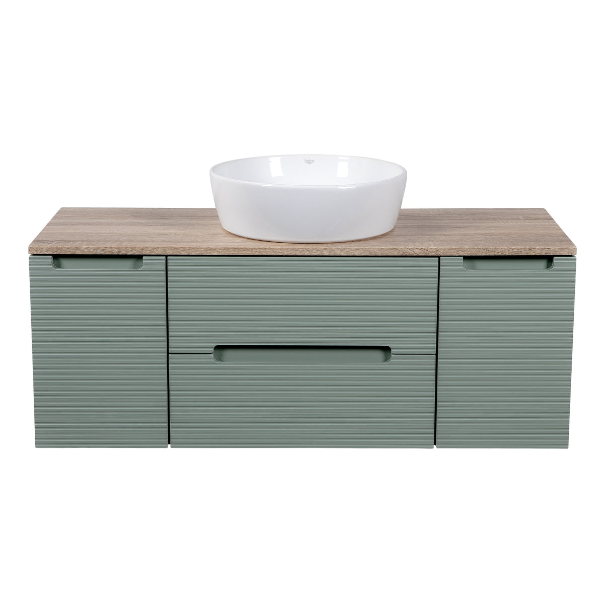 Monza Plus 1200mm Fluted Wall Hung Vanity with 2 Side Cabinets & Countertop - Aloe Green/Country Oak