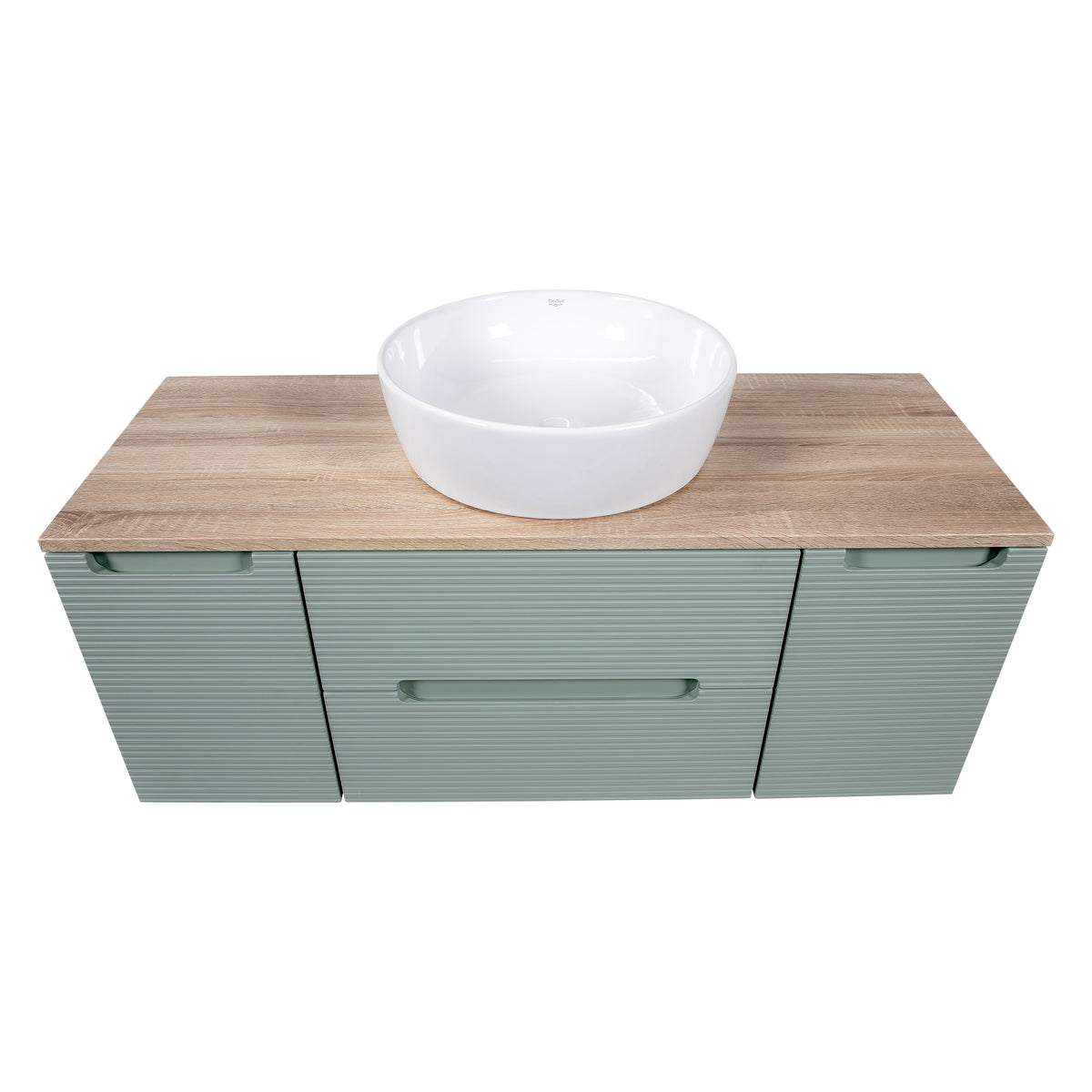 Monza Plus 1200mm Fluted Wall Hung Vanity with 2 Side Cabinets & Countertop - Aloe Green/Country Oak