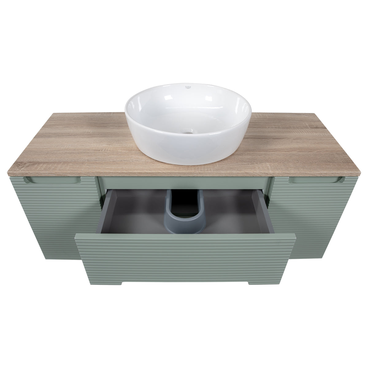 Monza Plus 1200mm Fluted Wall Hung Vanity with 2 Side Cabinets & Countertop - Aloe Green/Country Oak