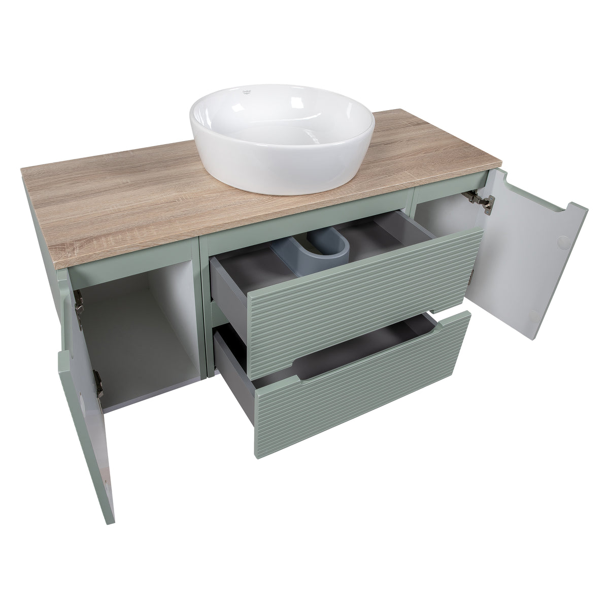 Monza Plus 1200mm Fluted Wall Hung Vanity with 2 Side Cabinets & Countertop - Aloe Green/Country Oak