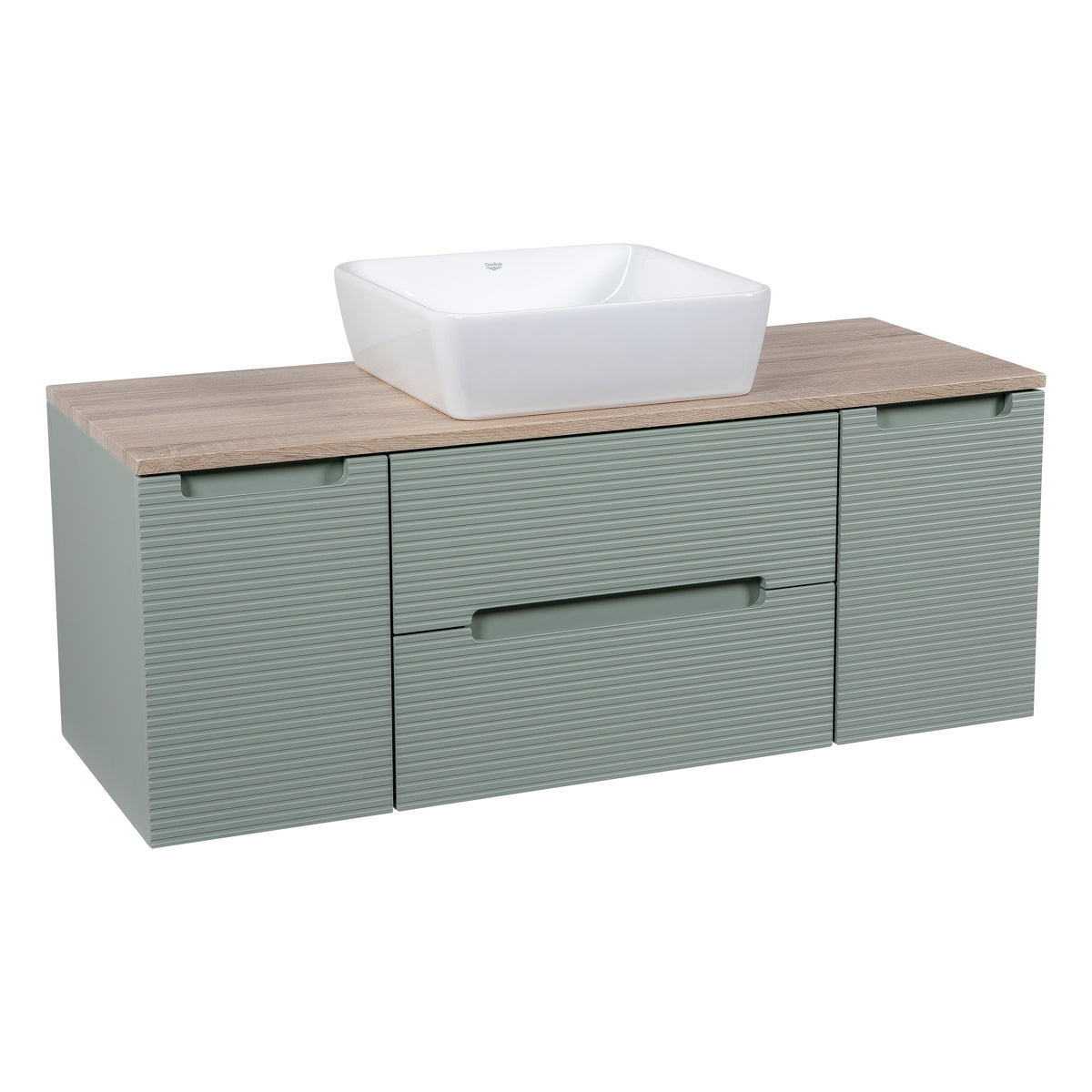 Monza Plus 1200mm Fluted Wall Hung Vanity with 2 Side Cabinets & Countertop - Aloe Green/Country Oak