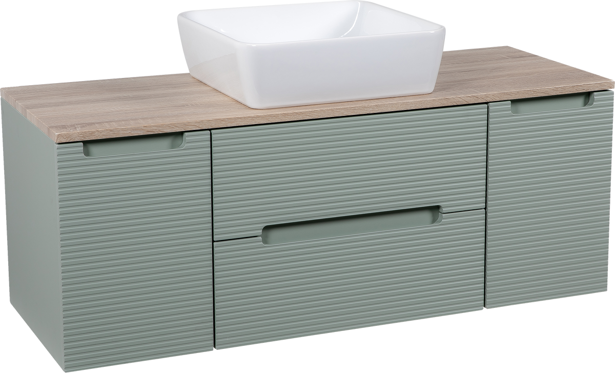 Monza Plus 1200mm Fluted Wall Hung Vanity with 2 Side Cabinets & Countertop - Aloe Green/Country Oak