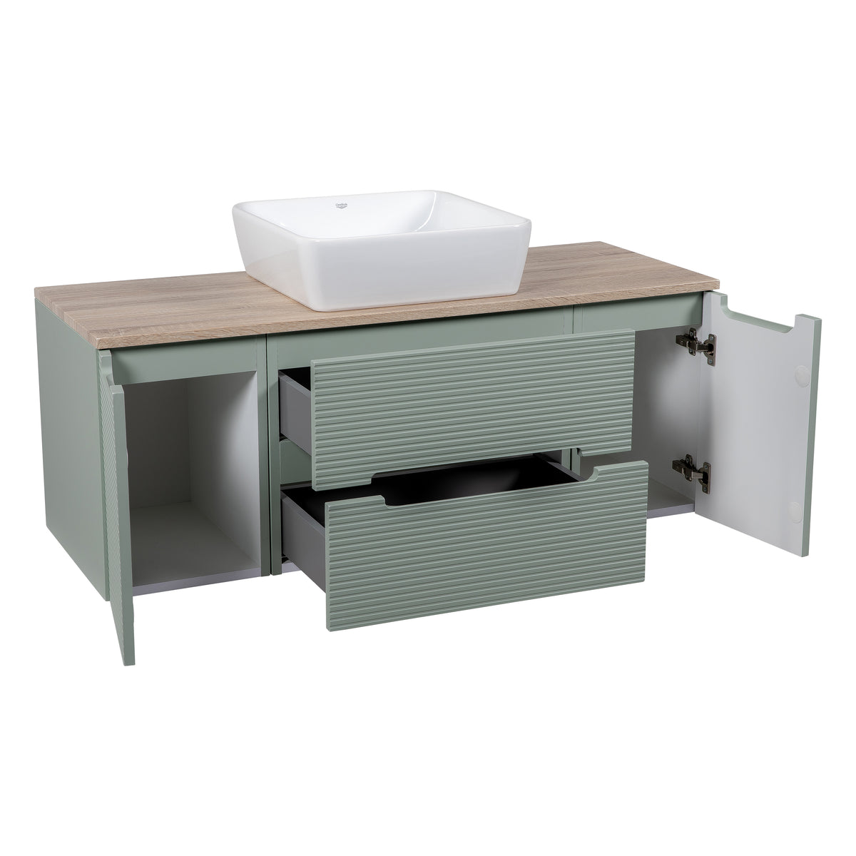 Monza Plus 1200mm Fluted Wall Hung Vanity with 2 Side Cabinets & Countertop - Aloe Green/Country Oak
