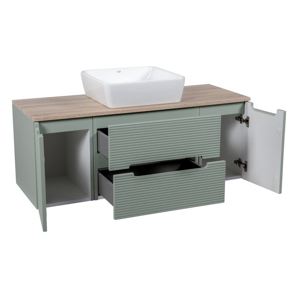 Monza Plus 1200mm Fluted Wall Hung Vanity w. 2 Side Cabinets & Counter Top - Aloe Green/Country Oak