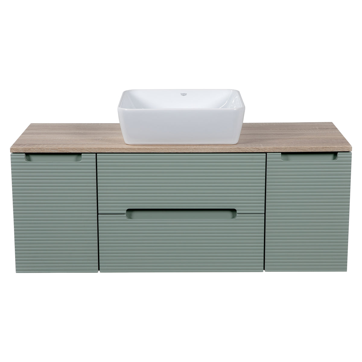 Monza Plus 1200mm Fluted Wall Hung Vanity w. 2 Side Cabinets & Counter Top - Aloe Green/Country Oak