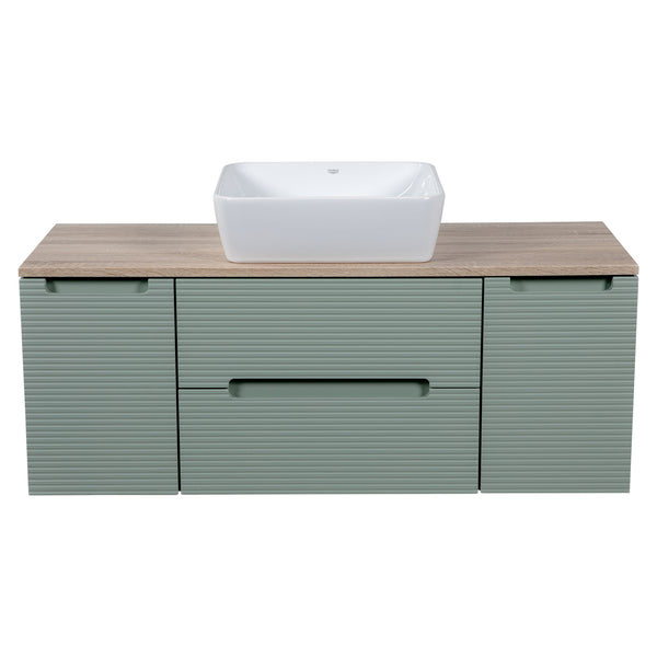 Monza Plus 1200mm Fluted Wall Hung Vanity w. 2 Side Cabinets & Counter Top - Aloe Green/Country Oak