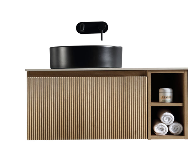 Flauto 800mm Wall Hung Vanity w. Side Storage & Left Hand Sintered Stone Counter Top - Country Oak