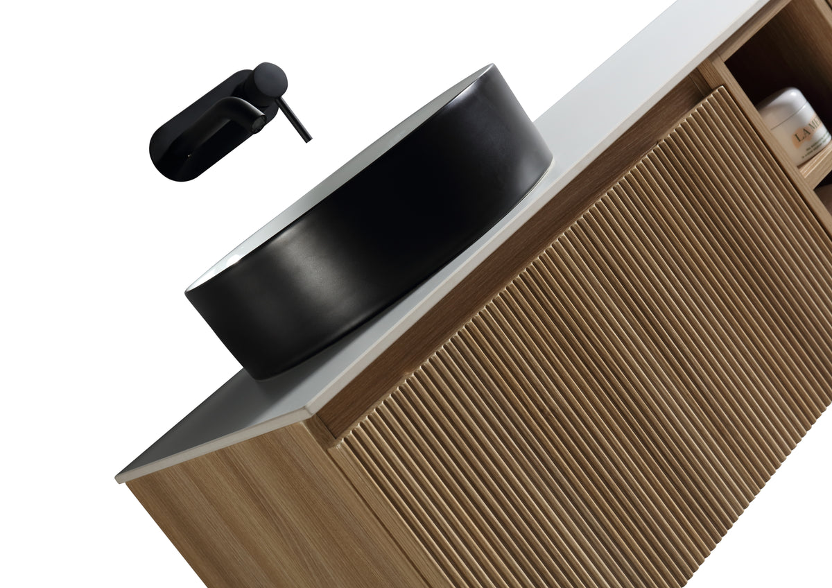 Flauto 800mm Wall Hung Vanity with Side Storage & Left Hand Sintered Stone Countertop - Country Oak