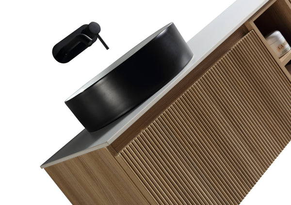 Flauto 800mm Wall Hung Vanity w. Side Storage & Left Hand Sintered Stone Counter Top - Country Oak