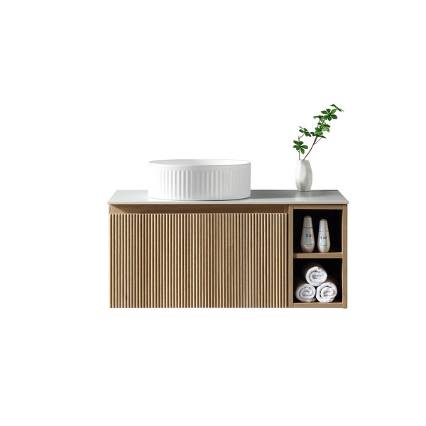 Flauto 800mm Wall Hung Vanity with Side Storage & Left Hand Sintered Stone Countertop - Country Oak