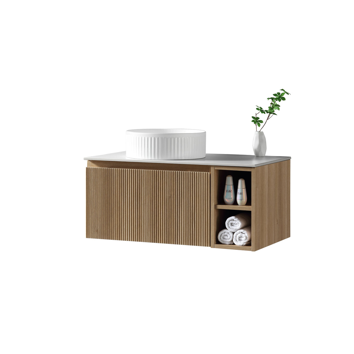 Flauto 800mm Wall Hung Vanity with Side Storage & Left Hand Sintered Stone Countertop - Country Oak