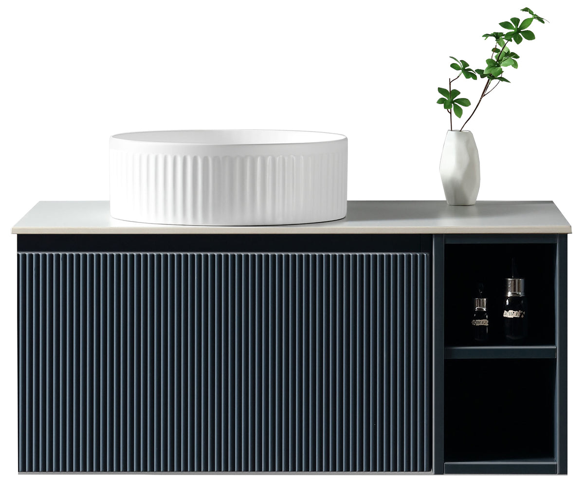 Flauto 800mm Wall Hung Vanity with Side Storage & Left Hand Sintered Stone Countertop - Midnight Shadow