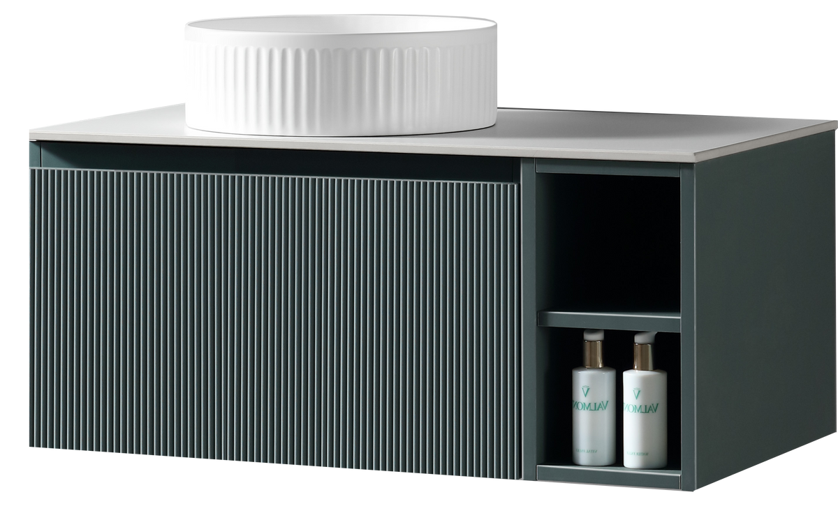 Flauto 800mm Wall Hung Vanity w. Side Storage & Left Hand Sintered Stone Counter Top - Smoked Sage