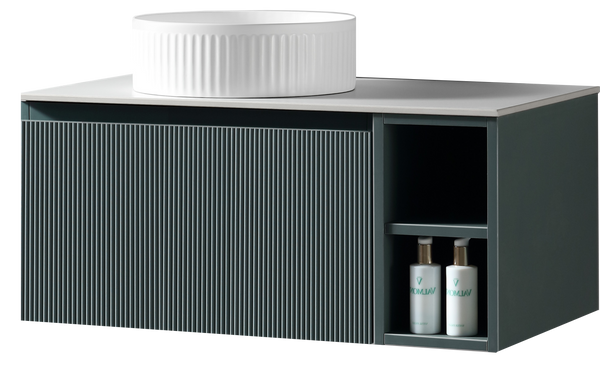 Flauto 800mm Wall Hung Vanity w. Side Storage & Left Hand Sintered Stone Counter Top - Smoked Sage