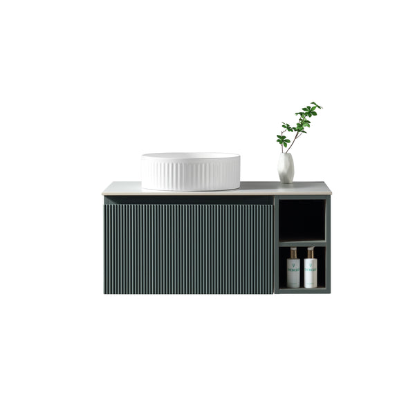 Flauto 800mm Wall Hung Vanity w. Side Storage & Left Hand Sintered Stone Counter Top - Smoked Sage