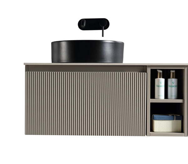 Flauto 800mm Wall Hung Vanity w. Side Storage & Left Hand Sintered Stone Counter Top - Soft Coffee