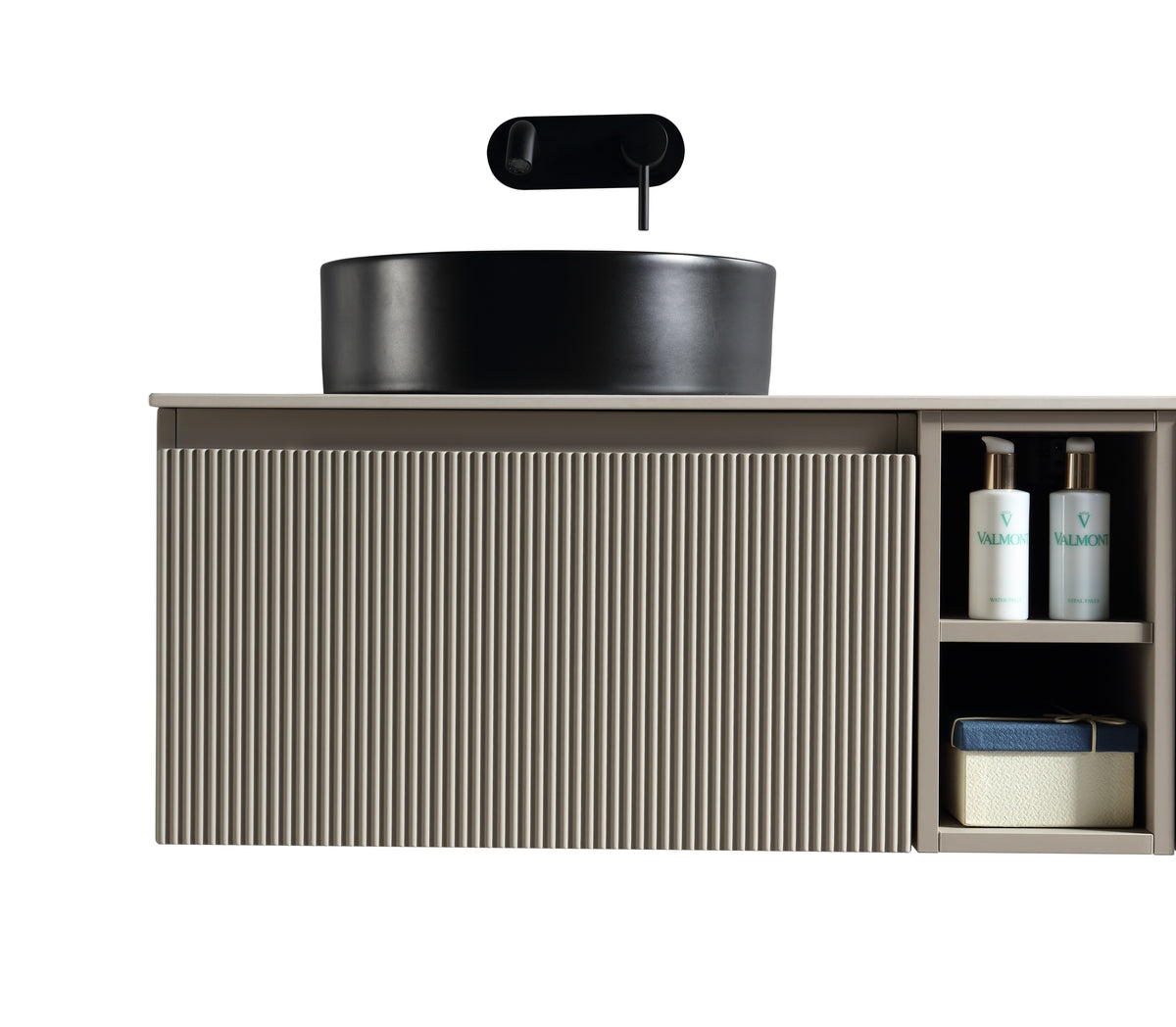 Flauto 800mm Wall Hung Vanity w. Side Storage & Left Hand Sintered Stone Counter Top - Soft Coffee