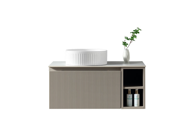 Flauto 800mm Wall Hung Vanity w. Side Storage & Left Hand Sintered Stone Counter Top - Soft Coffee