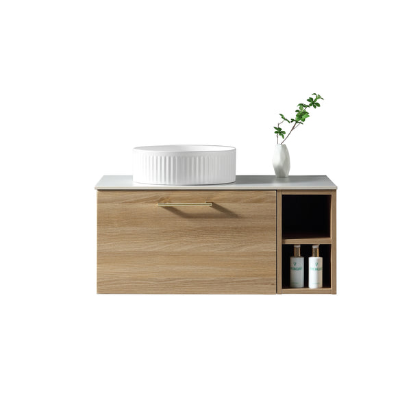 Piatta 800mm Wall Hung Vanity w. Side Storage & Left Hand Sintered Stone Counter Top - Country Oak