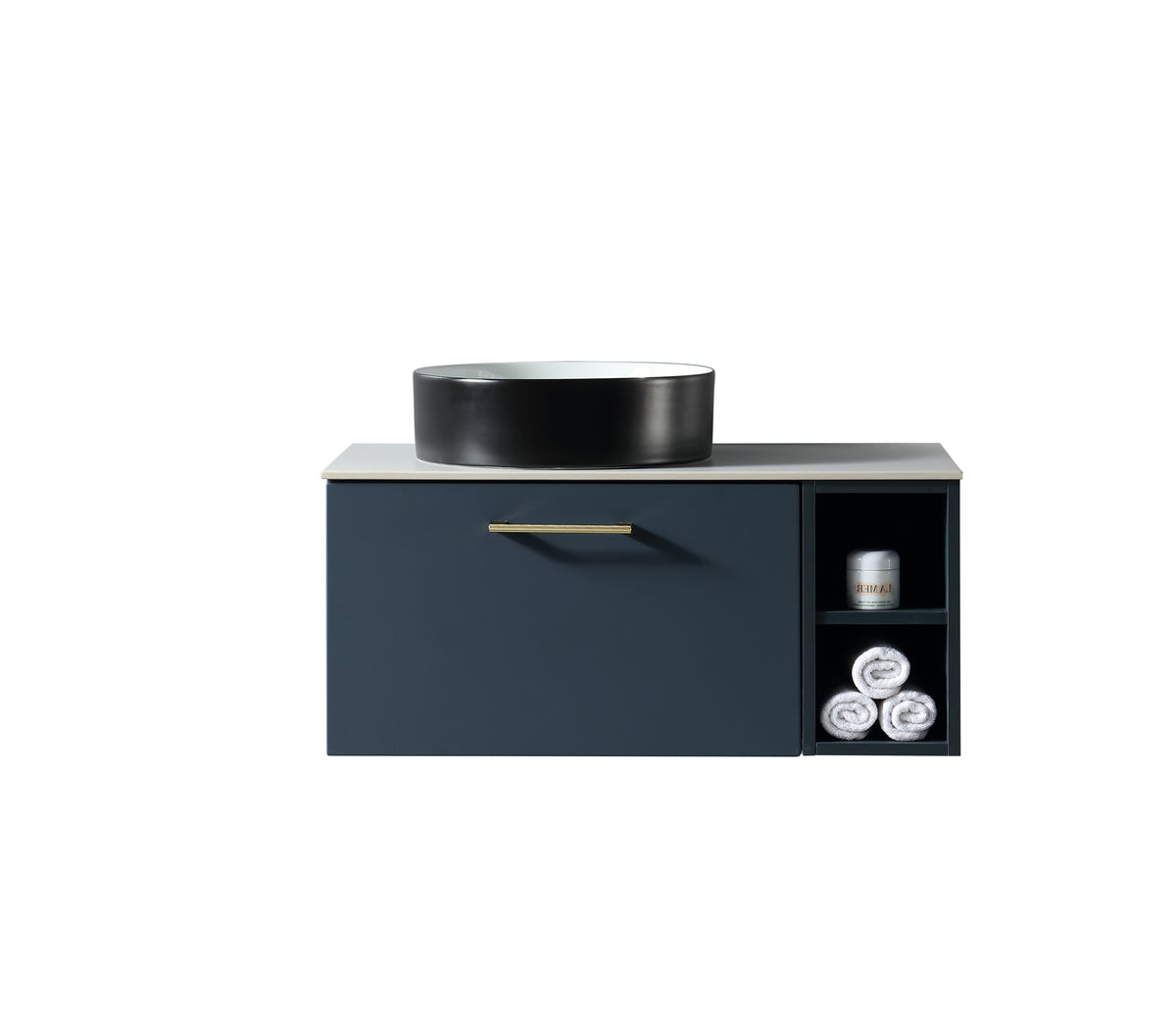 Piatta 800mm Wall Hung Vanity w. Side Storage & Left Hand Sintered Stone Counter Top - Midnight Shadow